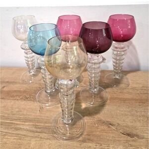 Vintage Set of 6 Moser Roemer Style Art Glass Wine Hock Goblet Pink Blue